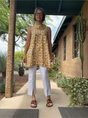 Global mama’s cowl neck mustard batik a line mini dress size small